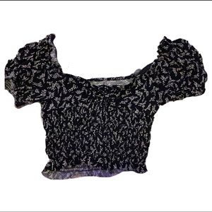 Black floral Draw String Crop Top